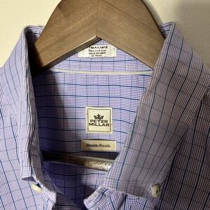 Peter Millar Casual Dress Shirt Golf Men's XL‎ Blue Plaid Seaside Finish Button